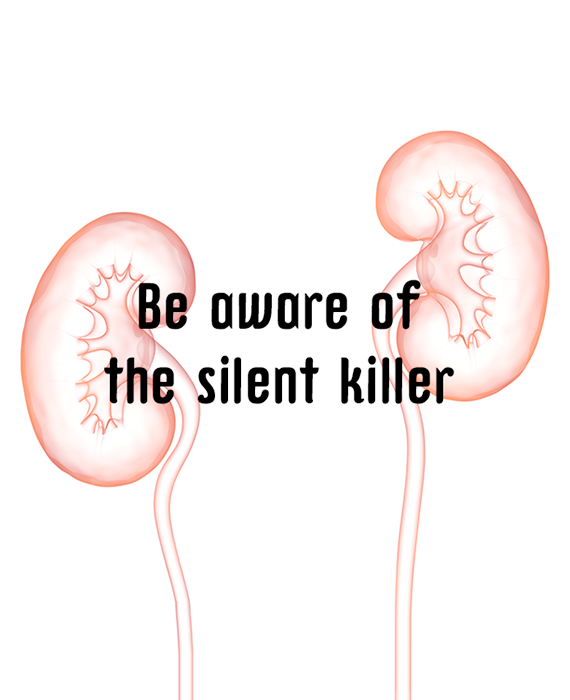 Illustration of two kidneys with words "Be aware of the silent killer"
