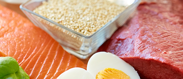 Photo of various types of protein including chicken, fish, beef, and eggs
